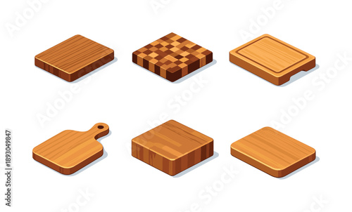 Artisan Cutting Boards. Artisan cutting board. Isometric flat vector icons set of artisan cutting board: wooden cutting board, end-grain board pattern, juice