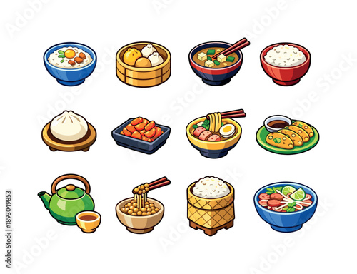 Colorful Asian Breakfast Icons. asian breakfast. Colorful isometric vector icons set of asian breakfast: congee bowl, dim sum basket, miso soup, rice bowl,