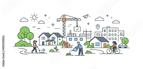 Suburban Harmony. Suburban development. New residential buildings appearing near green areas, balance between nature and housing, calm everyday life and