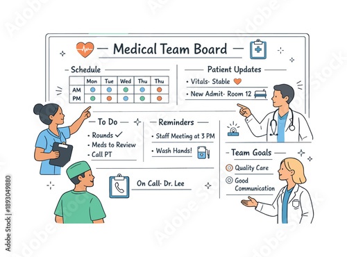 Medical Team Coordination Board. Medical team coordination board. A shared whiteboard with schedules, symbols, and short notes for staff coordination. The