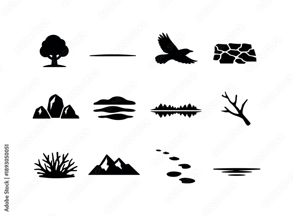 Obraz premium Minimalist Nature Icons. Minimalist Nature in Black and White. Solid icon set of Minimalist Nature in Black and White: single tree, flat horizon, flying crow,