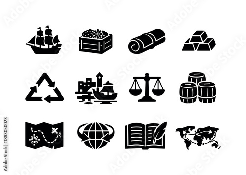 Colonial Trade Icons. Colonial trade routes. Solid icon set of Colonial trade routes: trade ship, spice crate, silk roll, gold bar, triangular trade arrows,