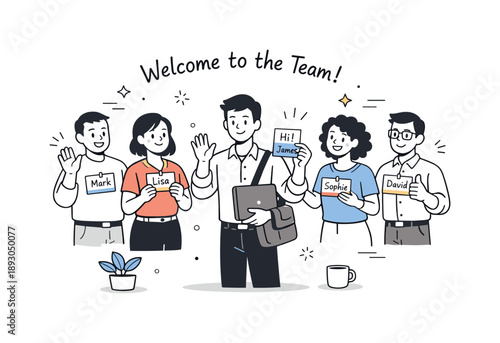 Warm Team Welcome. Employee onboarding team introduction. Colleagues greeting a new team member with friendly gestures and name cards. Warm welcome and sense