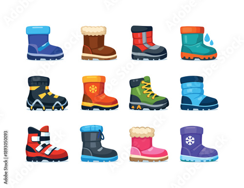 Colorful Winter Boot Icons. Winter boots. Colorful flat vector icons set of winter boots: snow boot, fur-lined boot, insulated boot, waterproof boot, ice grip
