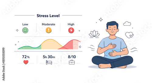 Stress Dashboard Illustration. Stress level chart. A minimal dashboard showing stress indicators with smooth curves and icons, a character practicing calm