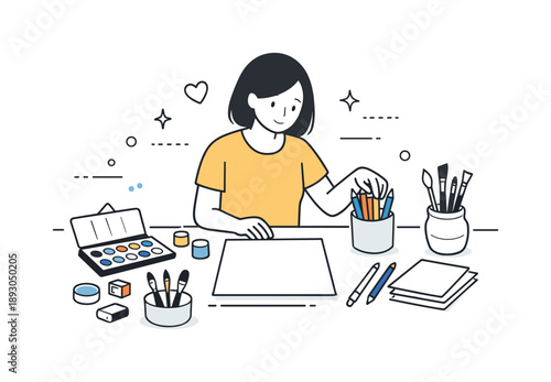 Art Session Setup. Setting up an art session. Person arranging paints, pencils, brushes, and paper on a table, preparing for a drawing or painting activity.