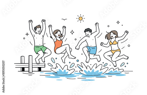 Summer Lake Jump. Summer friendship moment. A joyful group jumping into the lake, splashes and motion suggesting fun. Togetherness, freedom, and seasonal