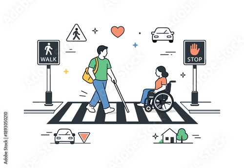 Pedestrian Safety Design. Crosswalk safety concept. Emphasized crosswalk lines with clear signals and minimal icons. The mood communicates awareness,