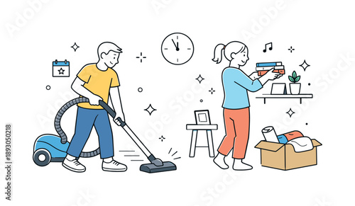 New Year Cleanup Teamwork. Cleaning house before New Year teamwork. Family or roommates cleaning together, one vacuuming while another tidies up. Shared effort