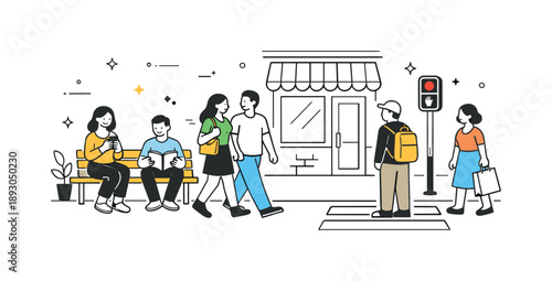 Modern Urban Harmony. Everyday urban scene. People sitting on benches, walking past storefronts, or waiting at a crosswalk. Calm, balanced illustration