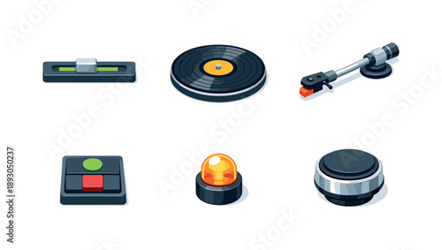 Isometric Turntable Icons. Turntable Parts. Isometric flat vector icons set of Turntable Parts: pitch control slider, vinyl platter with grooves, tonearm with