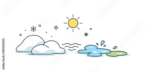 Melting Snow Forms. Winter turning warmer. Abstract snow shapes dissolving into liquid forms under a soft sun icon. The mood highlights natural rhythm and