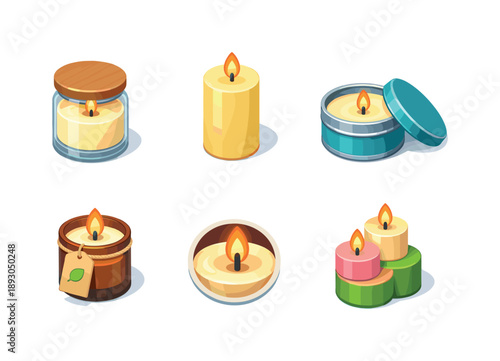 Scented Candle Icons. Scented Candles. Isometric flat vector icons set of Scented Candles: glass jar candle, pillar candle, soy wax candle tin, candle with