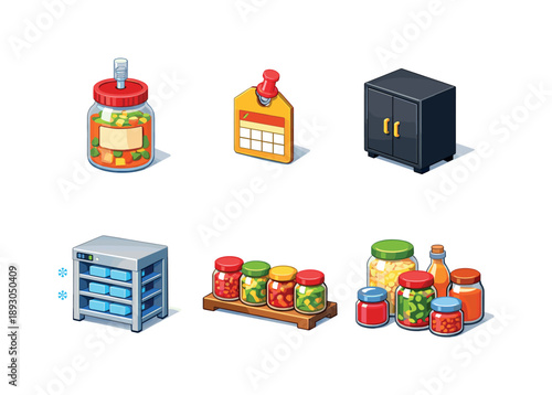 Fermentation Storage Icons. Fermentation Storage. Isometric flat vector icons set of Fermentation Storage: labeled ferment jar, date tag marker, dark storage