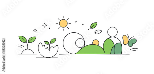 Geometric Growth Harmony. Rebirth and growth abstraction. Rounded geometric forms gently spreading across the scene, symbolizing harmony and natural renewal.