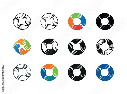 Mentorship Network Icons. Mentorship and support networks. Icon set. Set Logo of mentorship and support networks: circle of hands. harmonious logo variations