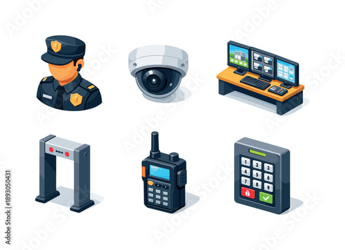 Security Icons Set. Security guards monitoring properties. Isometric flat vector icons set of Security guards monitoring properties: security guard with