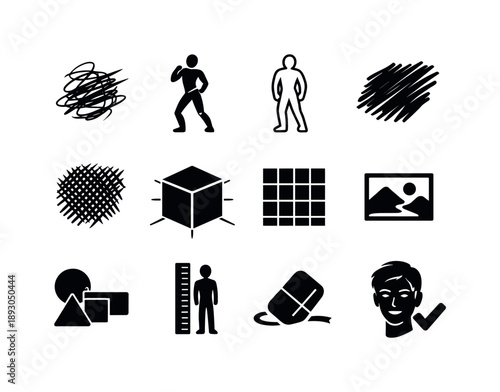 Sketching Icons Grid. Sketching Process. Solid icon set of Sketching Process: rough sketch lines, gesture drawing figure, contour drawing, shading strokes,