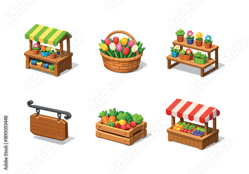 Spring Market Icons. Spring market stall objects. Isometric flat vector icons set of Spring market stall objects: wooden flower stall, basket of tulips, potted
