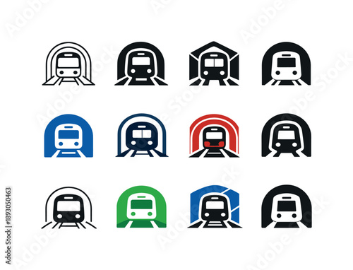 Metro Icon Variations. Metro. Icon set. Set Logo of metro: underground train front view in tunnel. harmonious logo variations of the same emblematic concept,