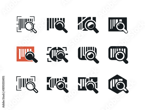 Barcode Scan Icons. Inspection. Icon set. Set Logo of inspection: barcode scan icon. harmonious logo variations of the same emblematic concept, each with