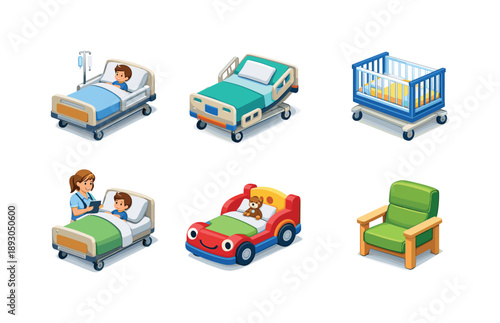 Pediatric Care Icons. Pediatric care. Isometric flat vector icons set of Pediatric care: child patient hospital bed, pediatric adjustable bed, hospital crib