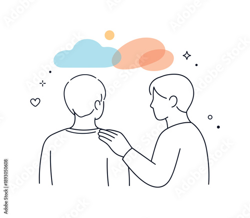Empathy Touch Artistry. Non-verbal connection. A person placing a comforting hand on another?s shoulder with abstract soft shapes above. Calm empathy and deep