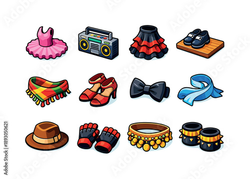 Dance Style Icons. Dance styles. Colorful isometric vector icons set of dance styles: ballet tutu, hip-hop boombox, flamenco skirt, tap board, folk scarf,