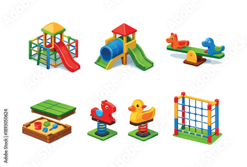 Kids Outdoor Play Icons. Kids outdoor play icons. Isometric flat vector icons set of kids outdoor play icons: jungle gym structure, slide with tunnel, seesaw
