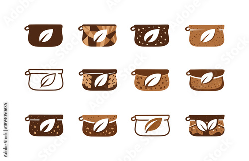 Sustainable Fashion Icons. Sustainable and upcycled fashion accessories. Icon set. Set Logo of sustainable and upcycled fashion accessories: cork material