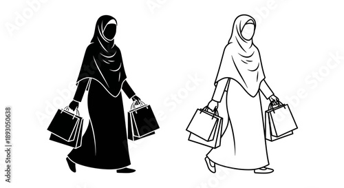 Women shopping bags hijab fashion illustration Vector