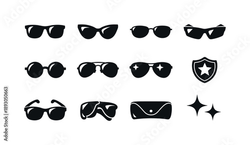 Designer Sunglasses Icons. Designer Shades. Solid icon set of Designer Shades: luxury sunglasses, bold frames, minimal frames, angular sunglasses, rounded