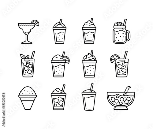 Frozen Drink Icons. Party drinks. Line icon set of frozen party drinks: frozen margarita, slush cup, ice-blended coffee, berry frost drink, frozen mojito,