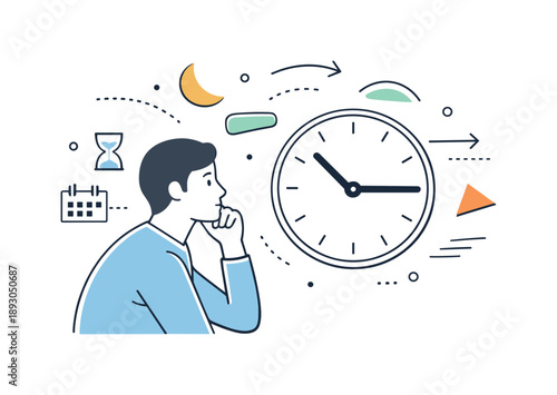 Contemplating Time Flow. Time perception. A person looking at a clock with abstract floating shapes and arrows around, representing the subjective flow of