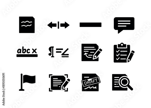 Manuscript Annotation Icons. Manuscript annotation. Solid icon set of Manuscript annotation: handwritten note, margin arrows, highlight strip, comment icon,