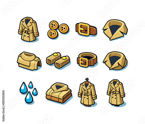 Colorful Trench Icon Set. Trench. Colorful isometric vector icons set of Trench: trench coat, double-breasted buttons, belt buckle, wide lapel, storm flap,