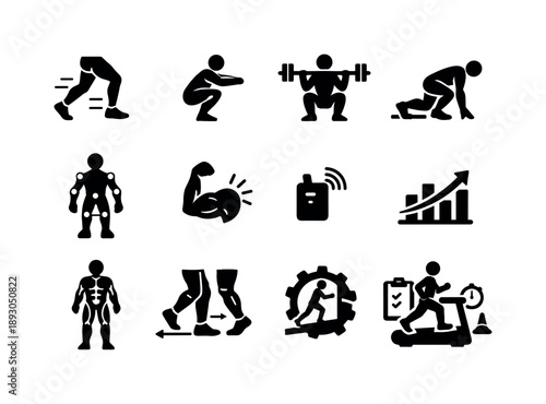 Athlete Biomechanics Icons. Athlete biomechanics. Solid icon set of athlete biomechanics: running legs, squat form, lifting pose, sprint start, joint mapping,
