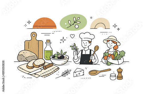 Rustic Culinary Artistry. Rustic food styling elements. Natural textures like wood, stone, and fabric combined in a clean, modern layout. Calm creative process