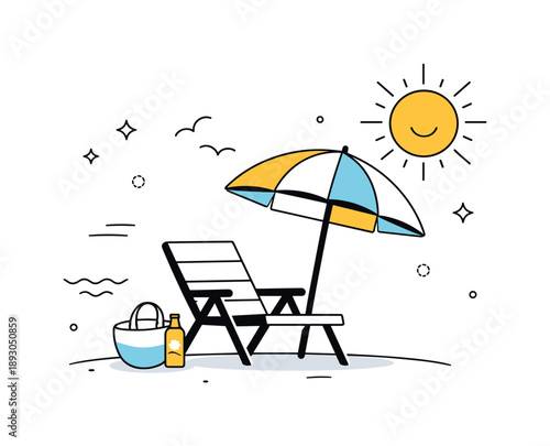 Summer Minimalist Scene. Seasonal minimalist scenes. A summer editorial scene with a chair, umbrella and gentle sun, relaxed mood and visual simplicity