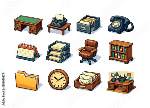 Retro Office Icons. Classic Office. Colorful isometric vector icons set of Classic Office: antique office desk, typewriter on table, filing cabinet drawer,