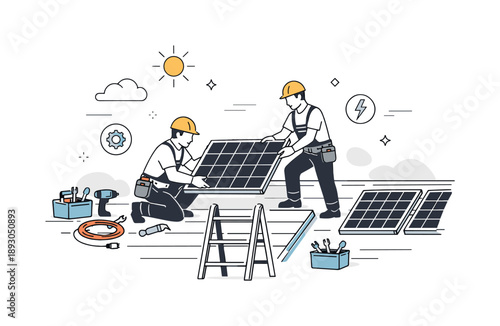 Solar Panel Installation. Solar panel installation. Technicians mounting solar panels on a rooftop, calm and organized renewable energy work scene. Clean