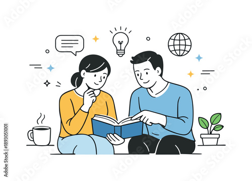 Cozy Non-Fiction Reading. Reading non-fiction together. Two people sitting side by side, calmly reading and discussing a non-fiction book, thoughtful