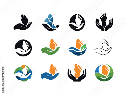 Reflexology Icon Set. Reflexology. Icon set. Set Logo of reflexology: hand and foot therapy symbol. harmonious logo variations of the same emblematic concept,