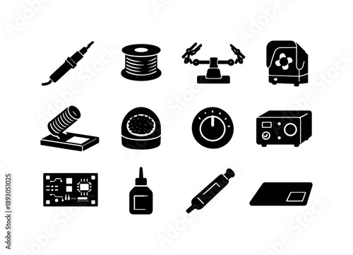 Soldering Tool Icons. Soldering station. Solid icon set of Soldering station: soldering iron, solder wire spool, helping hands clamp, fume extractor, soldering