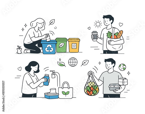 Sustainable Living Choices. Daily sustainable choices. People sorting waste and choosing reusable items, relaxed movements and clean space expressing