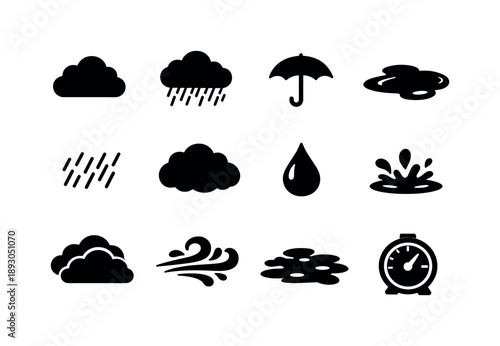 Rain Icons Set. Heavy rain clouds. Solid icon set of Heavy rain clouds: thick cloud, rain streaks, umbrella symbol, puddle icon, drizzle lines, heavy cloud