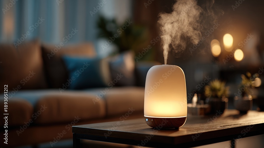 Fototapeta premium A luminous essential oil diffuser sits on a wooden coffee table, emitting a fine stream of vapor, illuminating a peaceful living room with soft, warm light in the evening