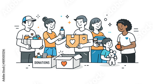 Community Volunteer Support. Volunteering community help. Group of volunteers working together, carrying boxes and sharing supplies with friendly smiles.