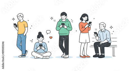 Smartphone Users Illustrated. People using smartphones. Individuals standing and sitting while looking at their phones, calm everyday activity and quiet focus