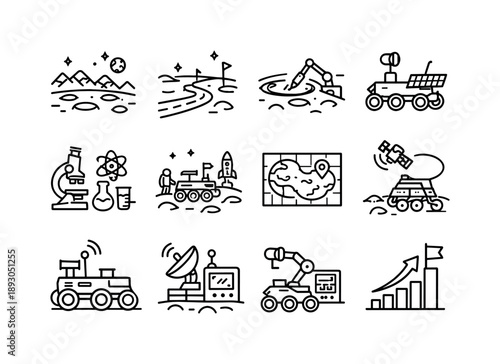 Lunar Rover Icons. Lunar rover exploration. Line icon set of Lunar rover exploration: moon landscape, rover path, crater research, space exploration vehicle,